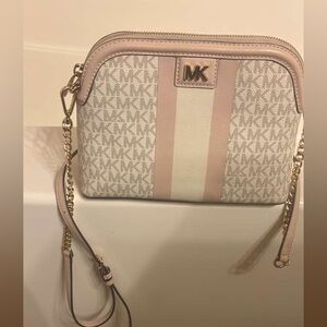 Michael Kors Cream and Pink Signature Stripe Crossbody Bag